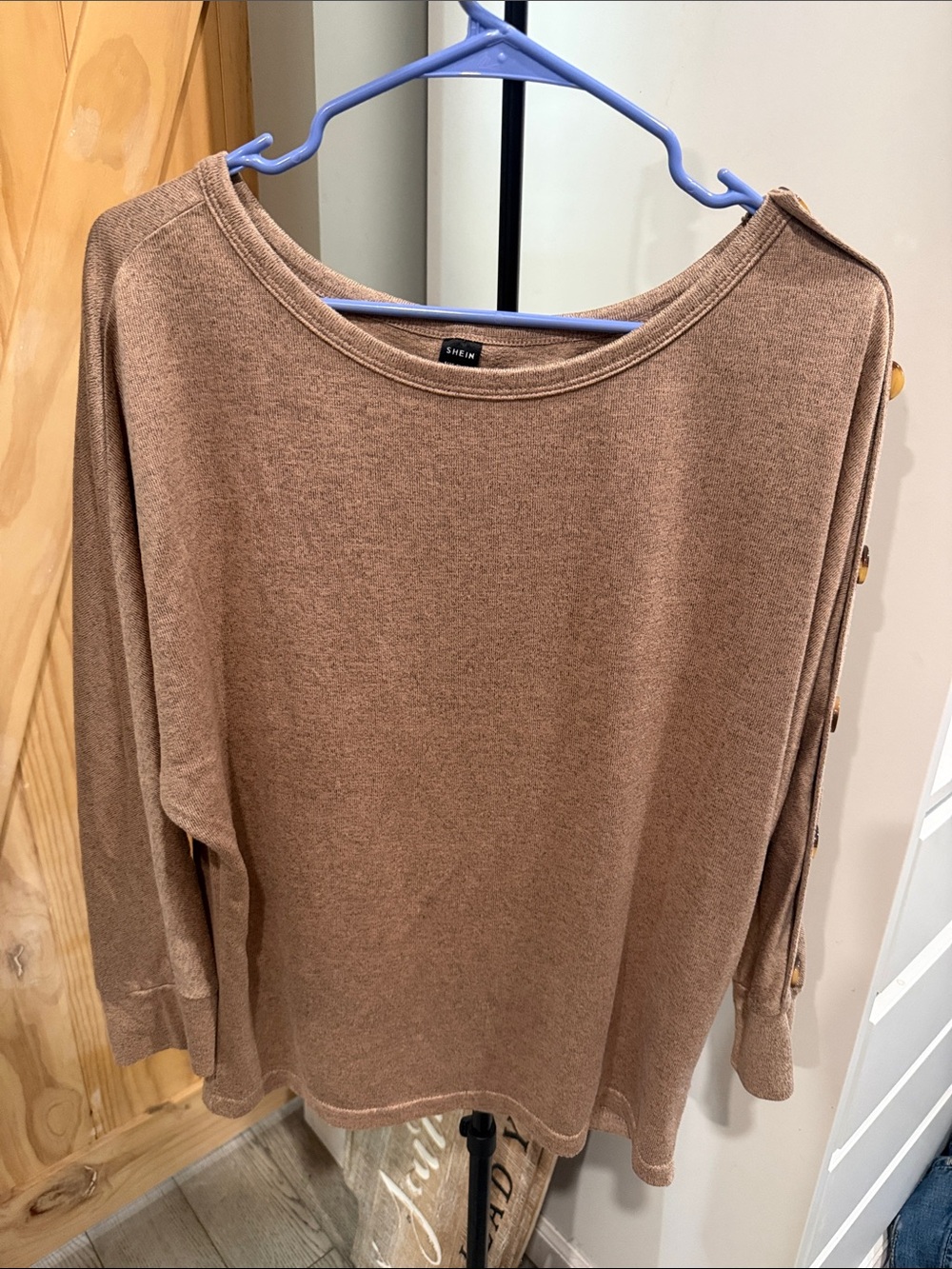 SHEIN Taupe Button-Trim Boatneck Knit Sweater